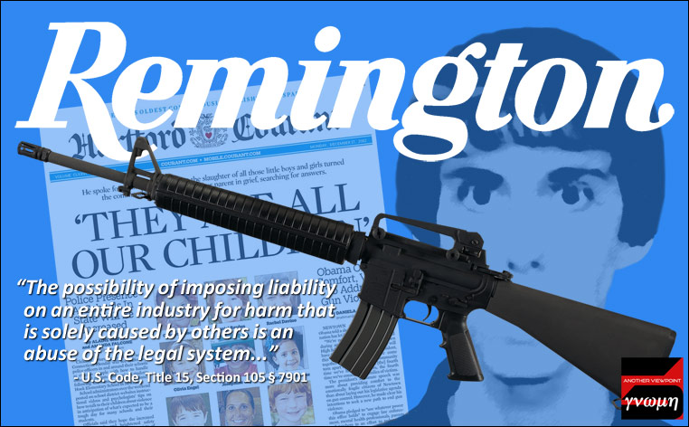 Images of Bushmaster rifle, Adam Lanza, Hartford Courant front page, Remington logo and quotation from Congressional findings